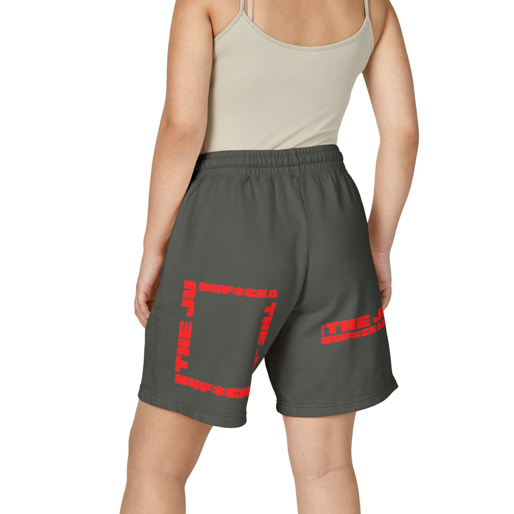 Graphic Fleece Sweat Shorts — 'THE JU' Bold Red Text Design