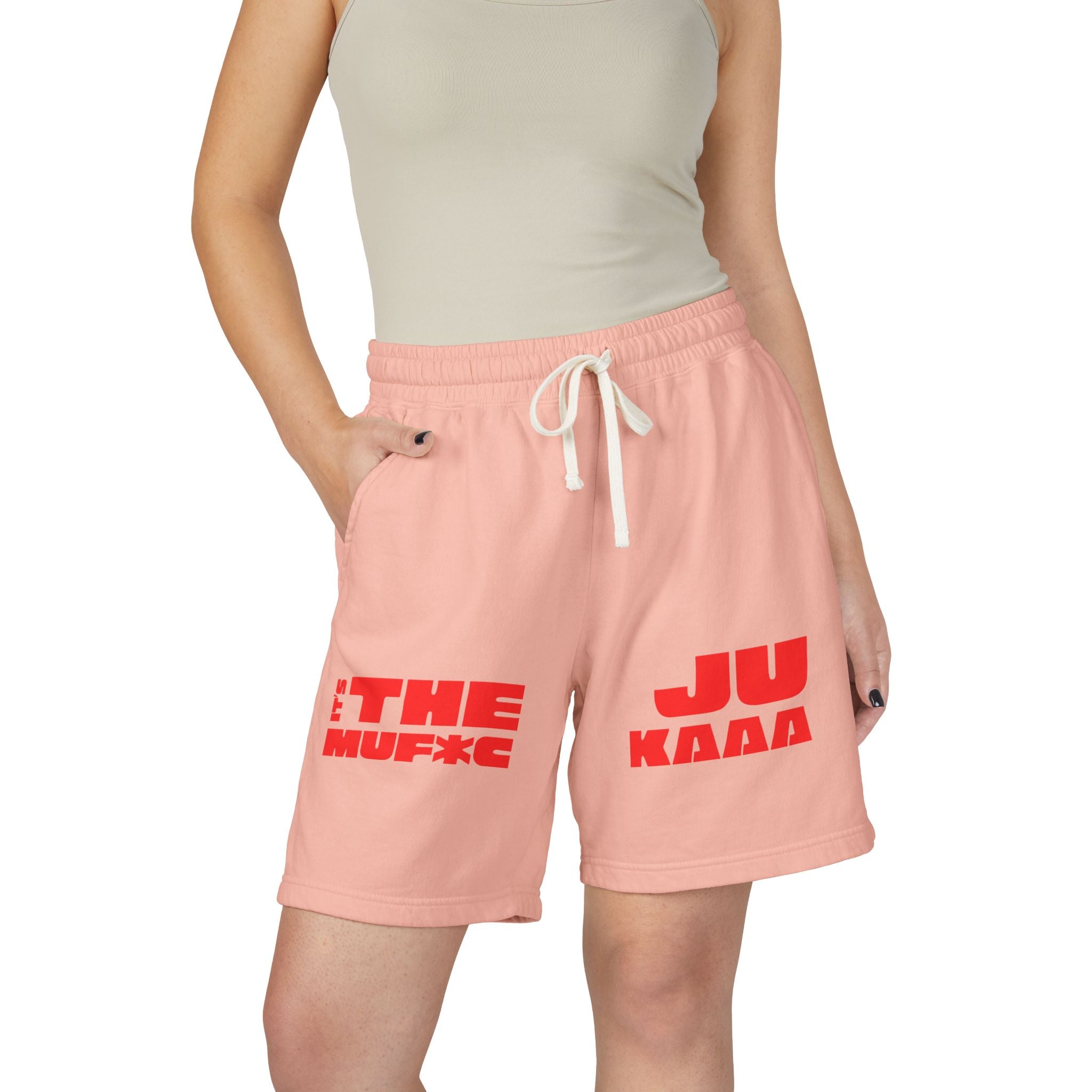 Graphic Fleece Sweat Shorts — 'THE JU' Bold Red Text Design