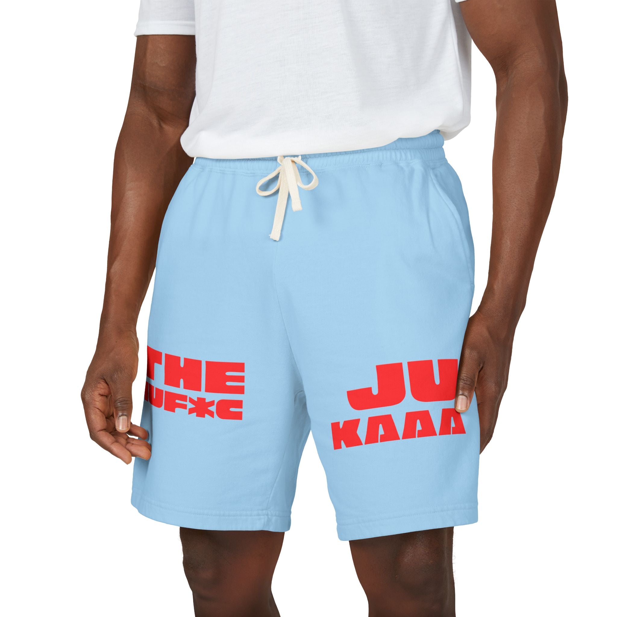 Graphic Fleece Sweat Shorts — 'THE JU' Bold Red Text Design