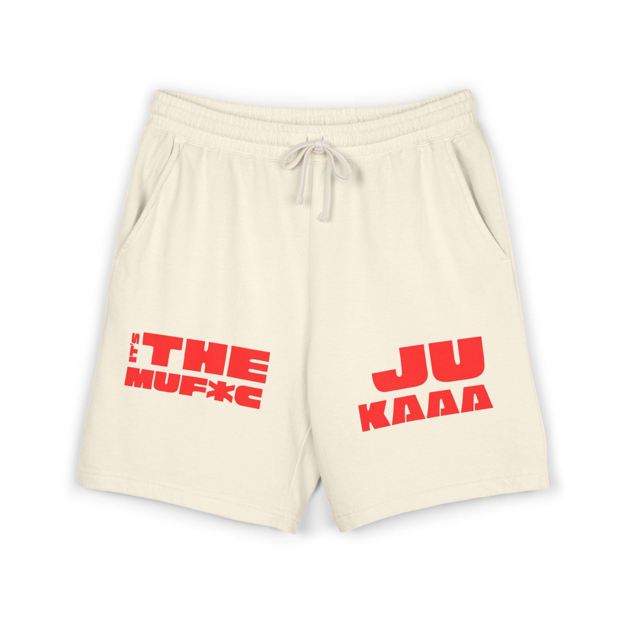 Graphic Fleece Sweat Shorts — 'THE JU' Bold Red Text Design