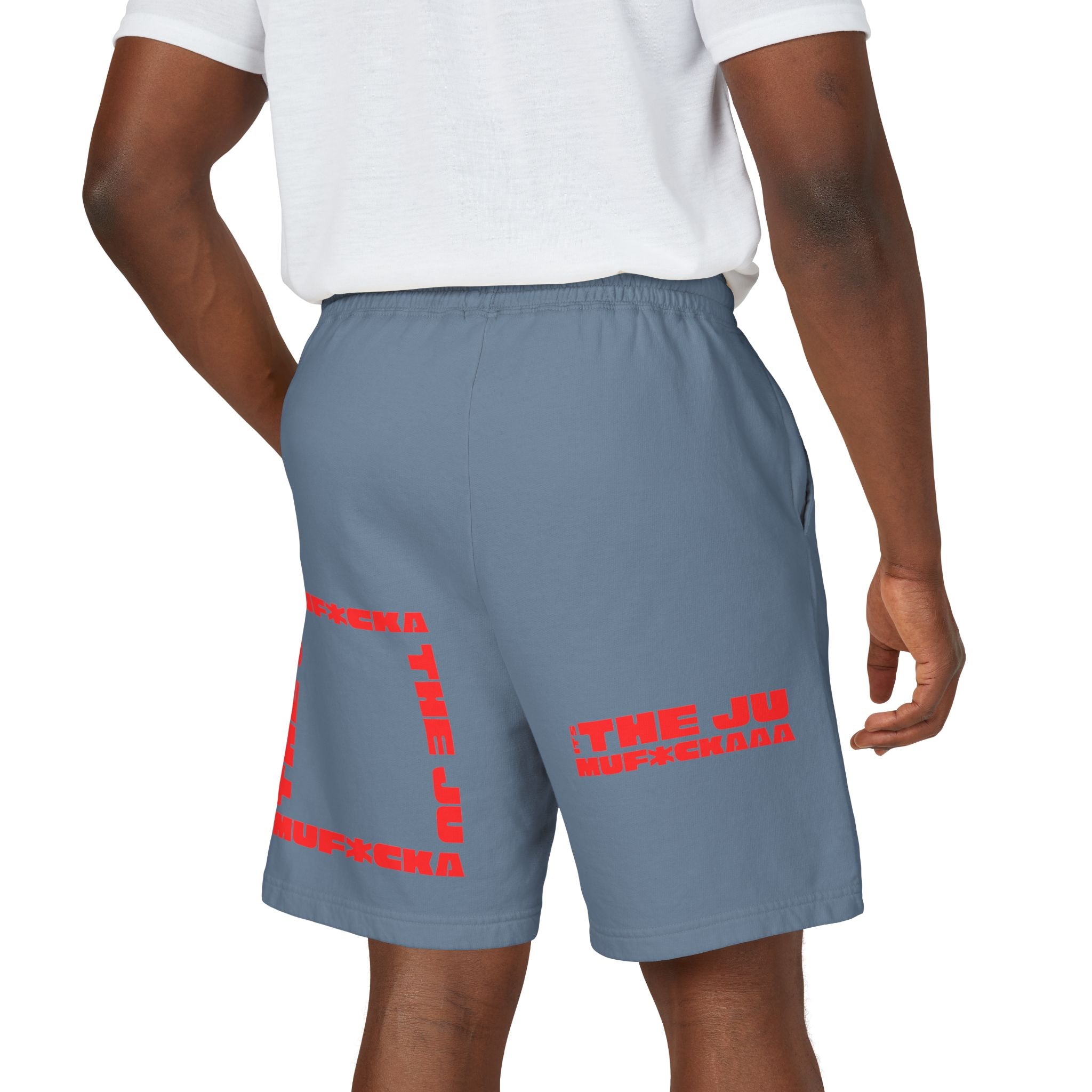 Graphic Fleece Sweat Shorts — 'THE JU' Bold Red Text Design