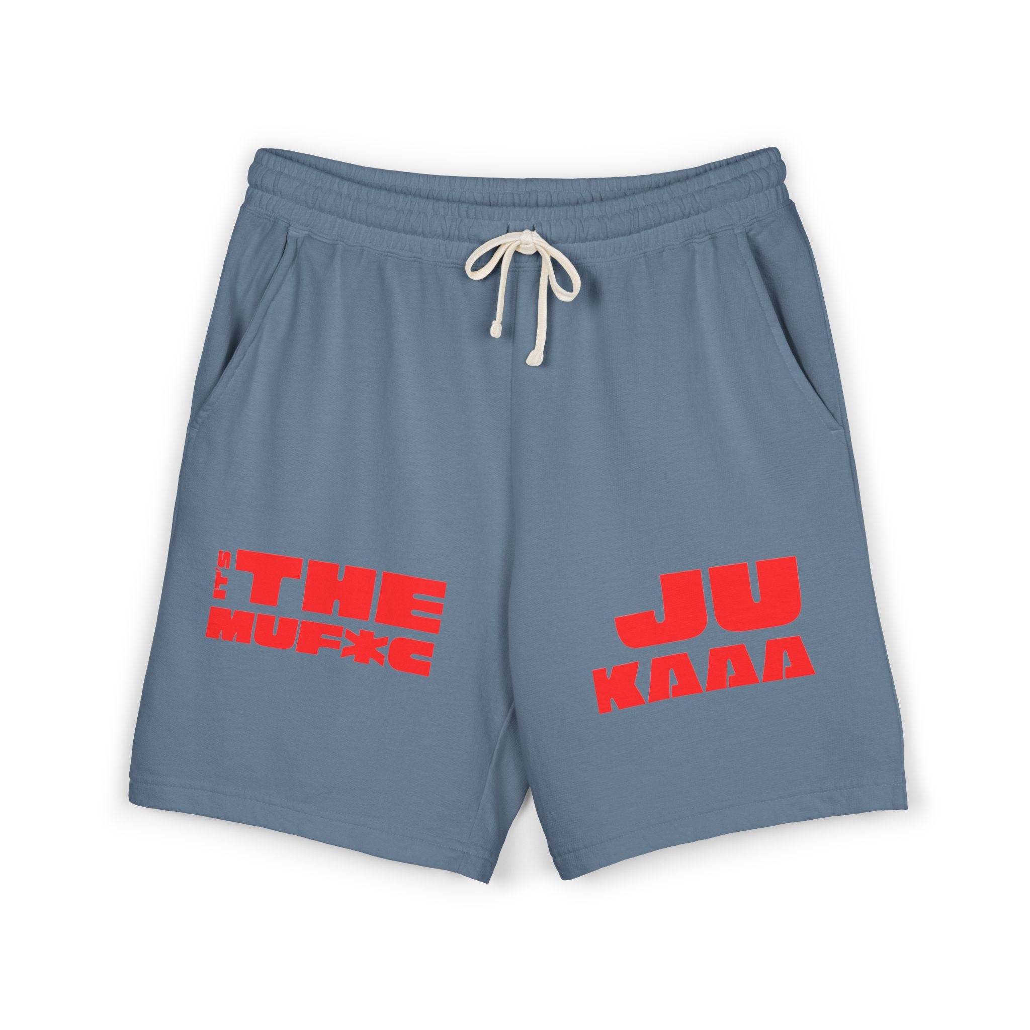 Graphic Fleece Sweat Shorts — 'THE JU' Bold Red Text Design