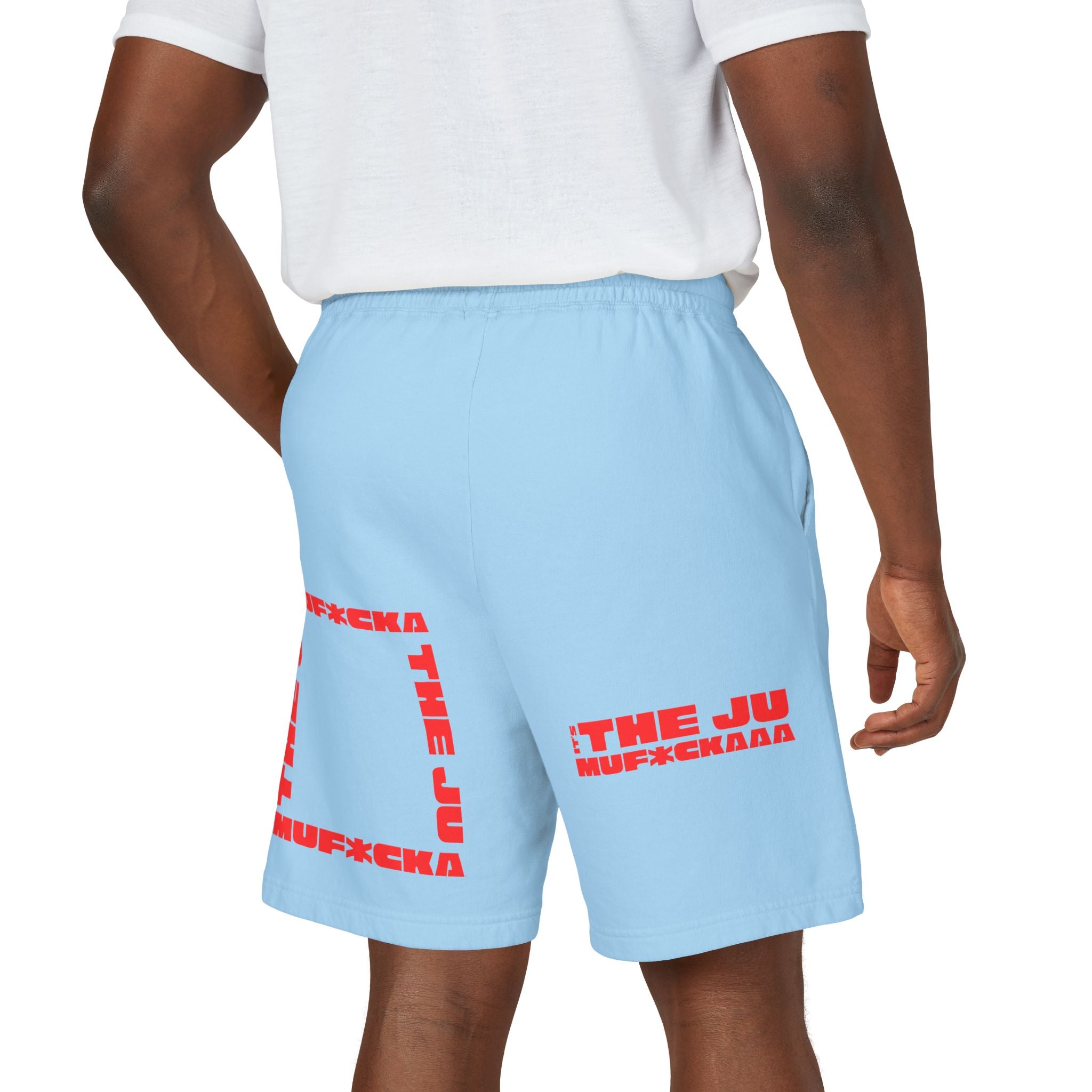 Graphic Fleece Sweat Shorts — 'THE JU' Bold Red Text Design