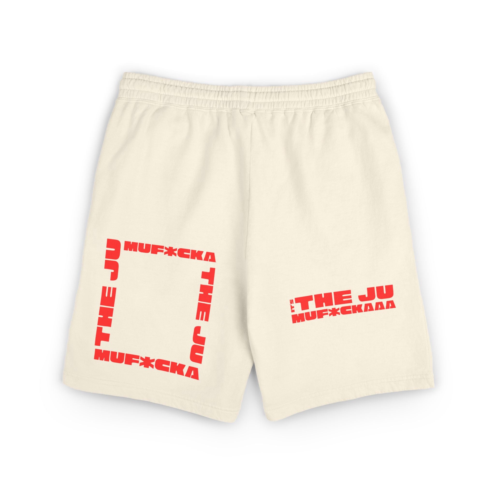 Graphic Fleece Sweat Shorts — 'THE JU' Bold Red Text Design