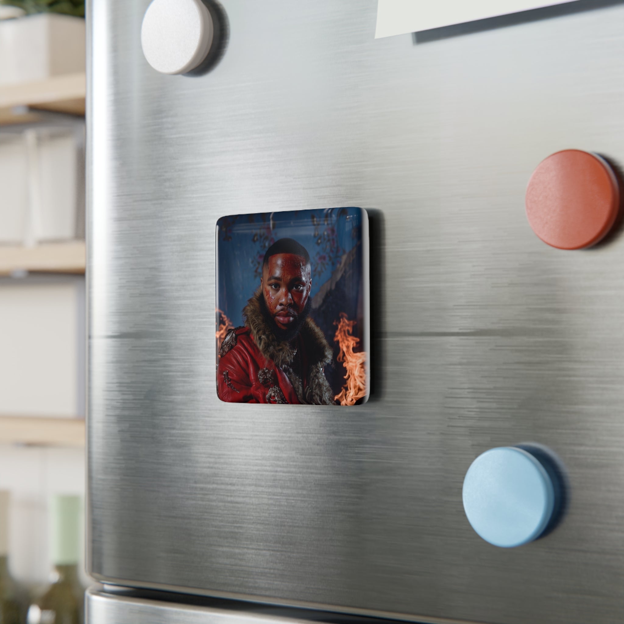 Porcelain “JULIUS” Album Cover Magnet — Bold Portrait with Flames (Square)