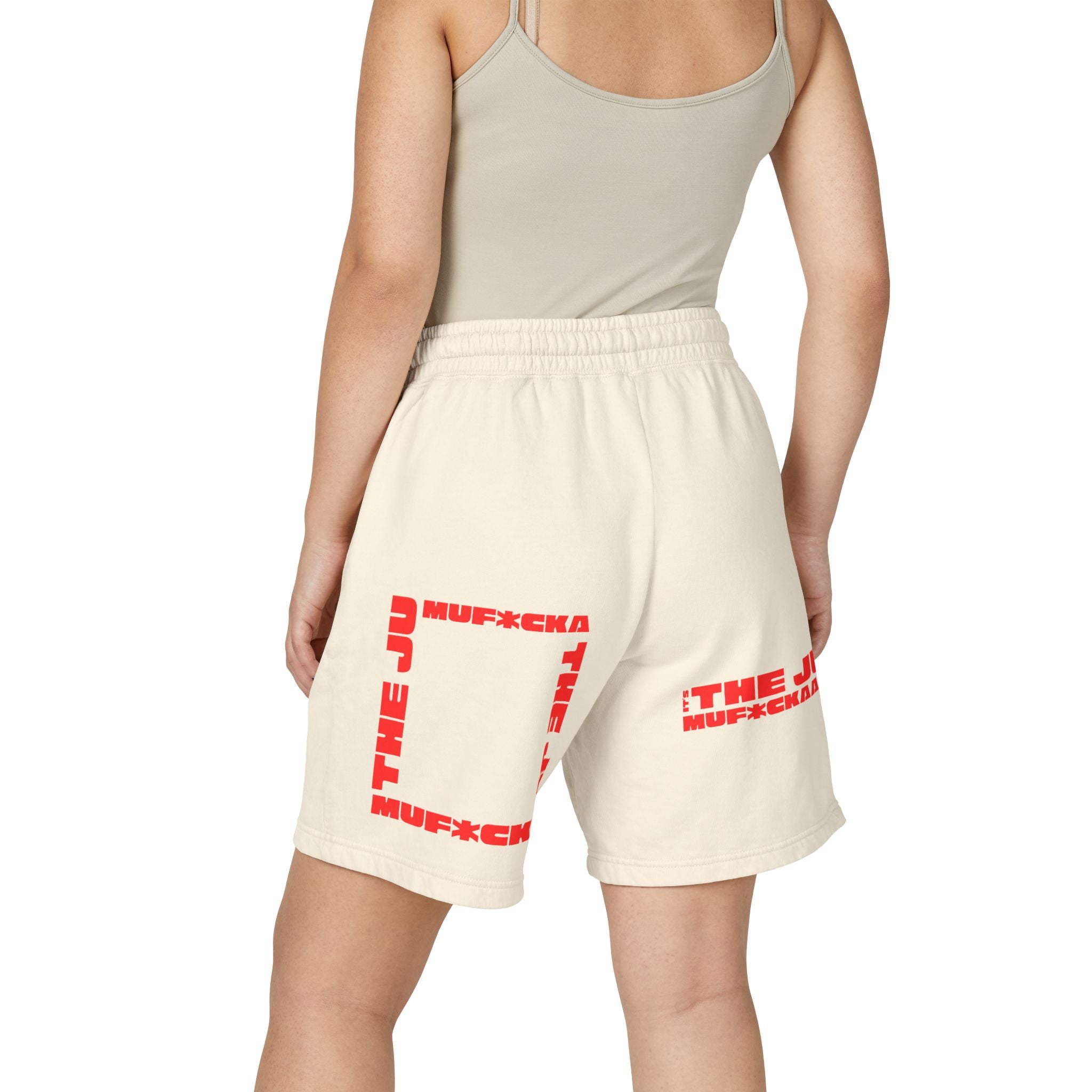 Graphic Fleece Sweat Shorts — 'THE JU' Bold Red Text Design