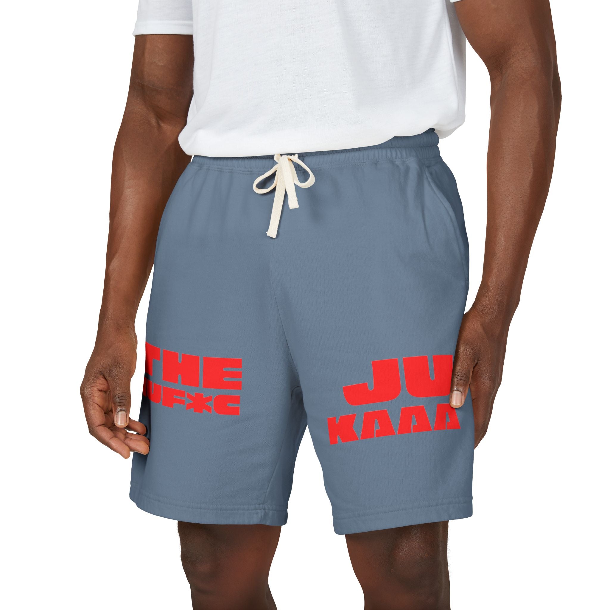 Graphic Fleece Sweat Shorts — 'THE JU' Bold Red Text Design