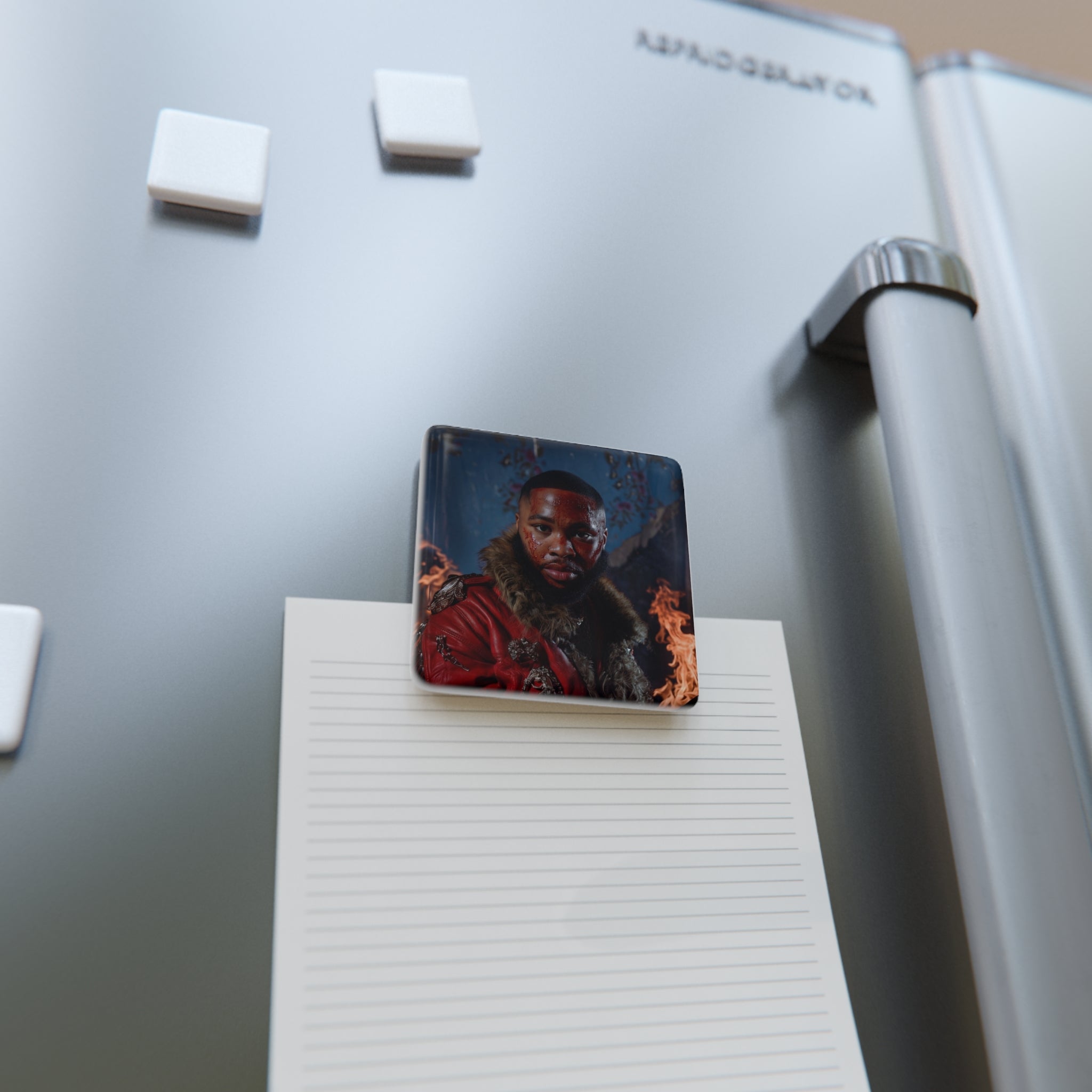 Porcelain “JULIUS” Album Cover Magnet — Bold Portrait with Flames (Square)