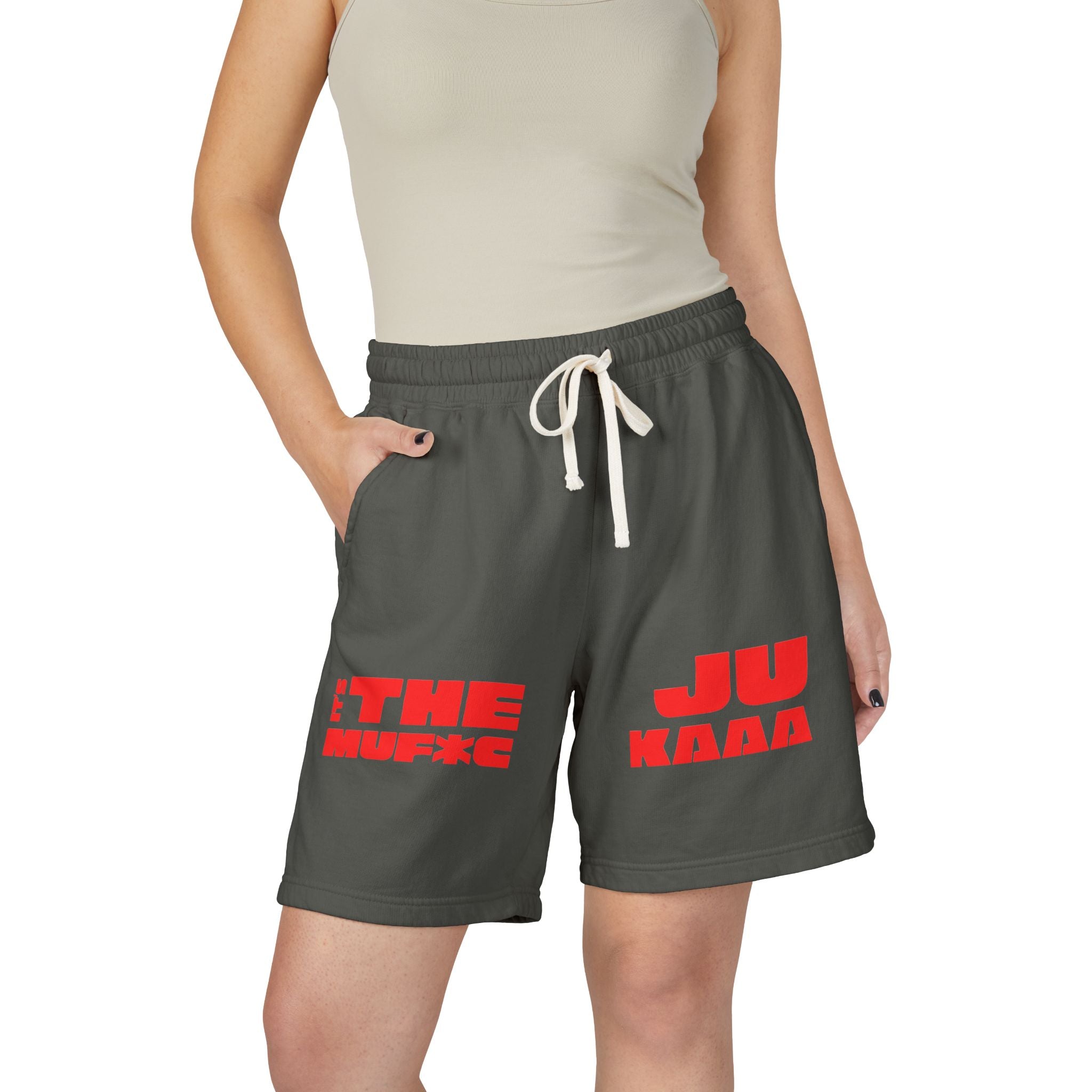 Graphic Fleece Sweat Shorts — 'THE JU' Bold Red Text Design