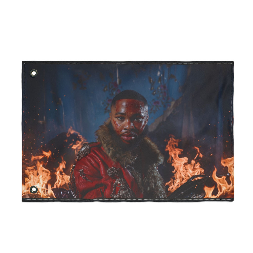 Double-Sided Game Flag — Fiery Logo & Character Portrait