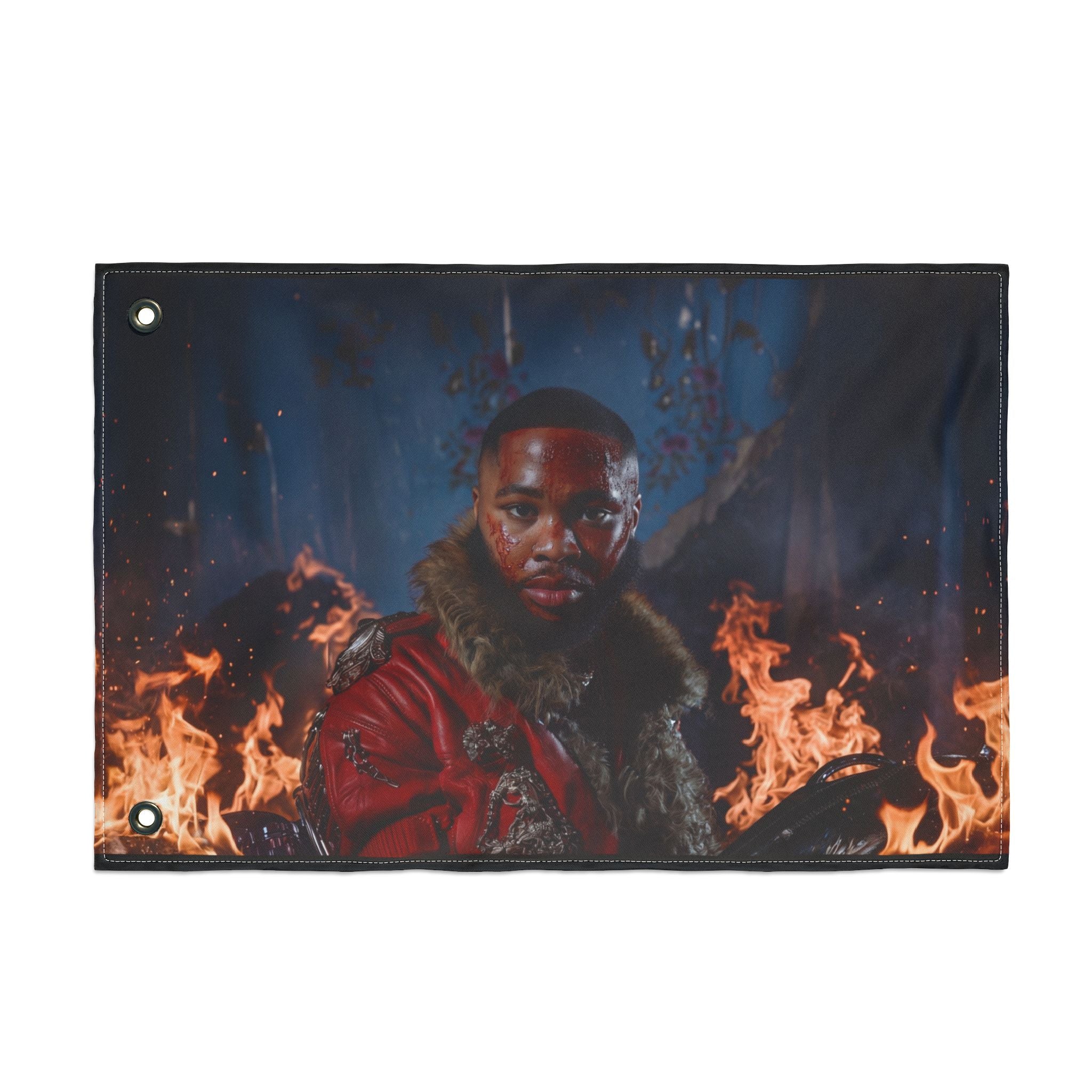 Double-Sided Game Flag — Fiery Logo & Character Portrait