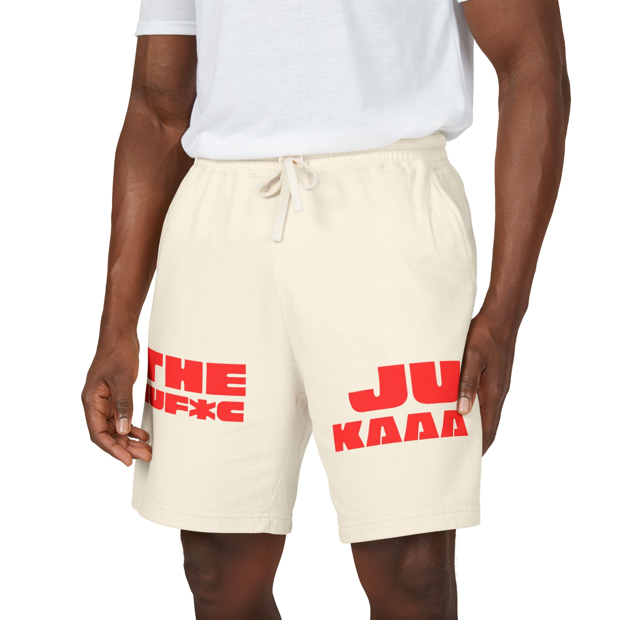 Graphic Fleece Sweat Shorts — 'THE JU' Bold Red Text Design
