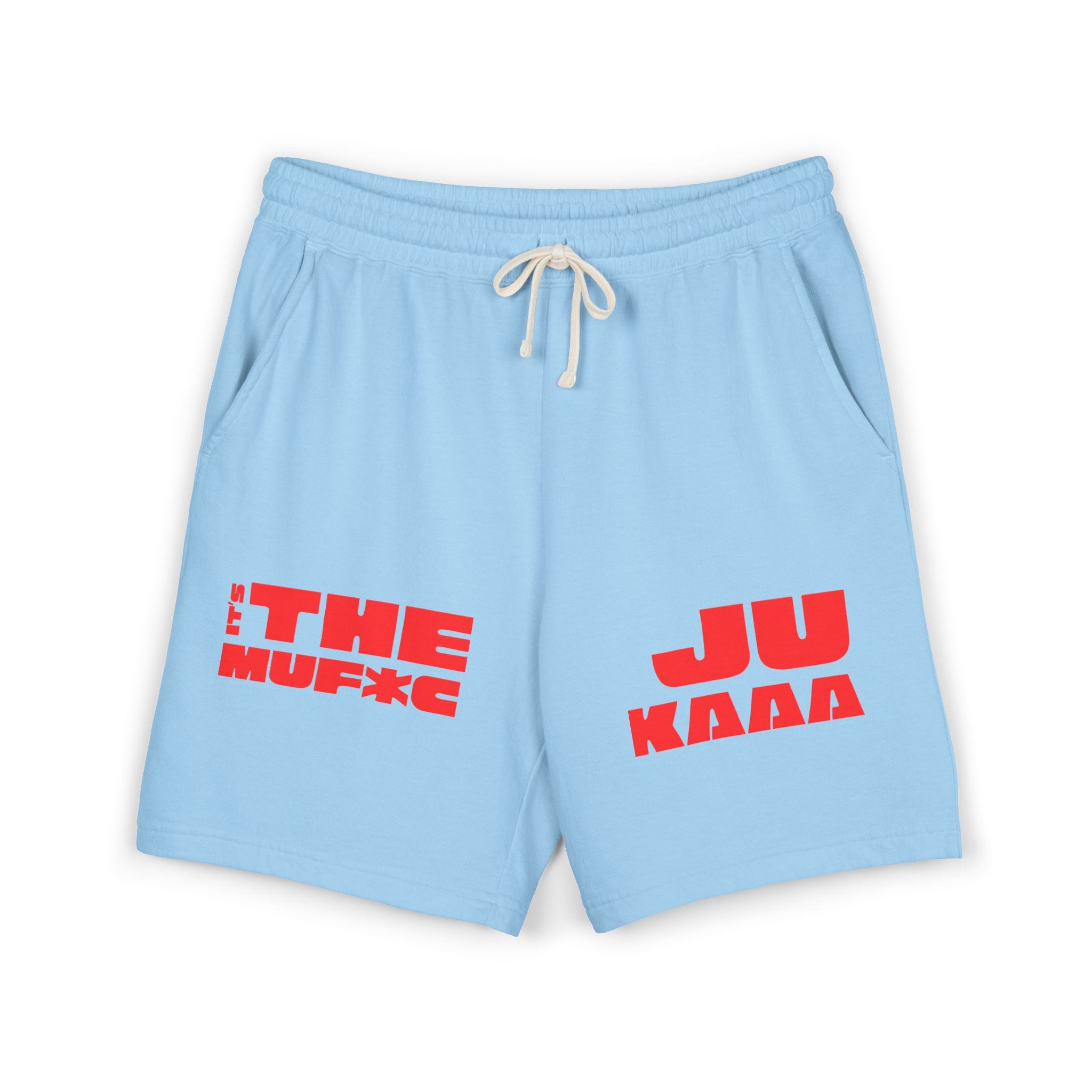 Graphic Fleece Sweat Shorts — 'THE JU' Bold Red Text Design