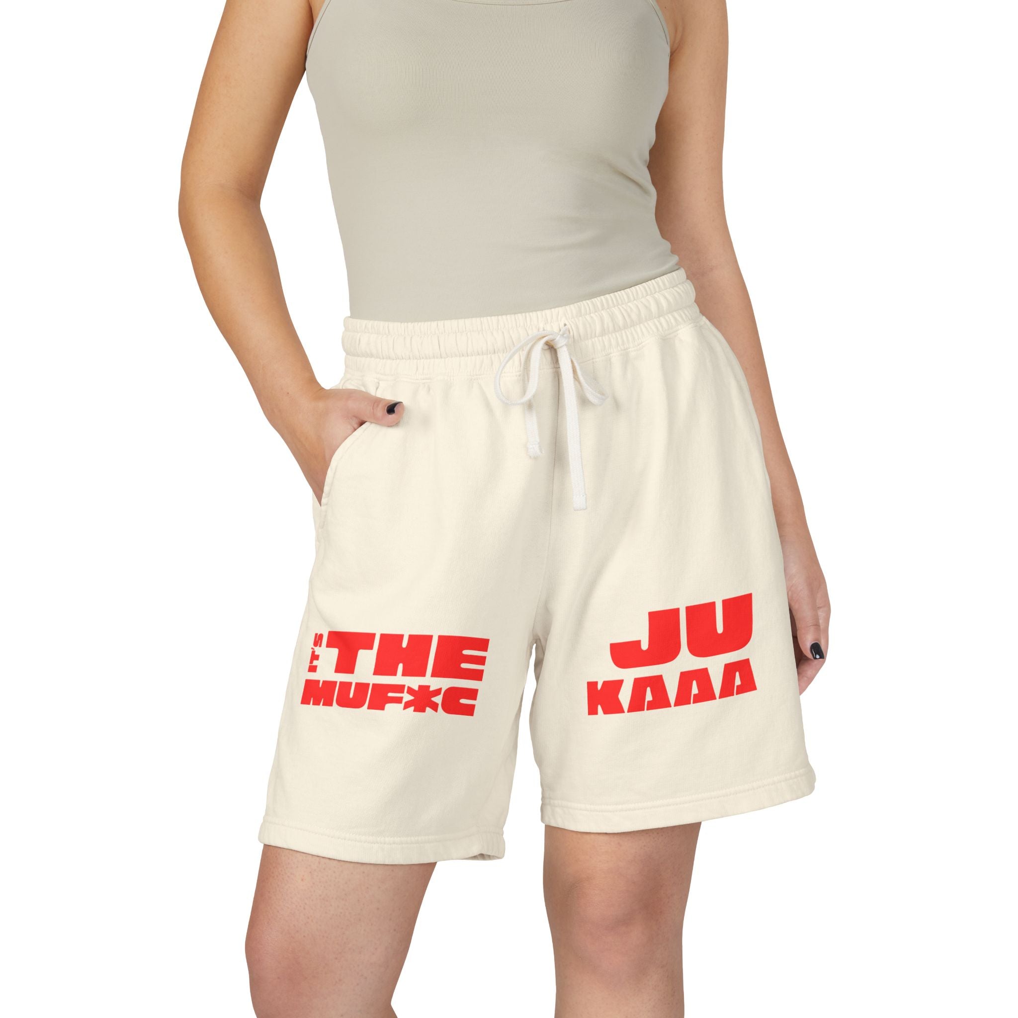 Graphic Fleece Sweat Shorts — 'THE JU' Bold Red Text Design