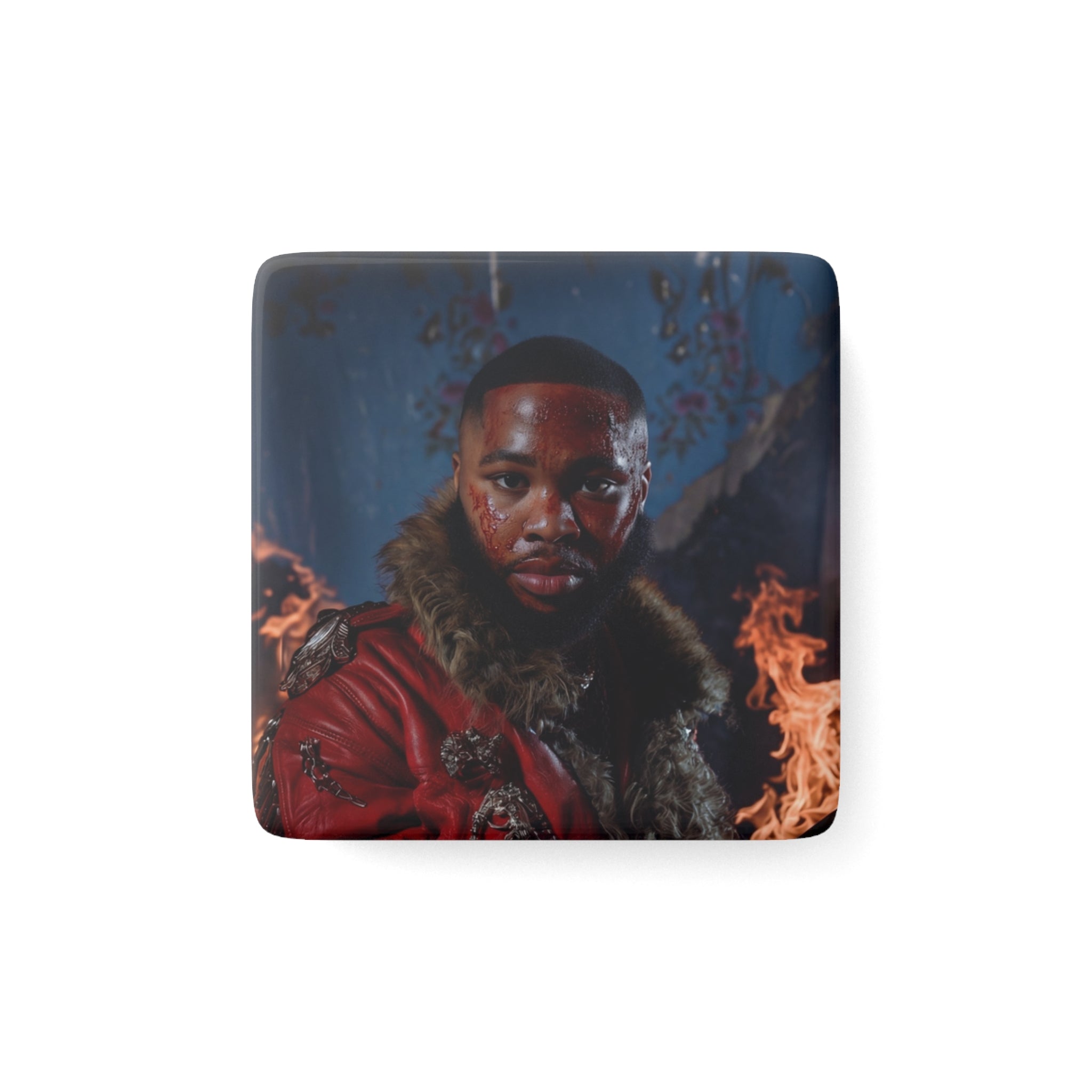 Porcelain “JULIUS” Album Cover Magnet — Bold Portrait with Flames (Square)