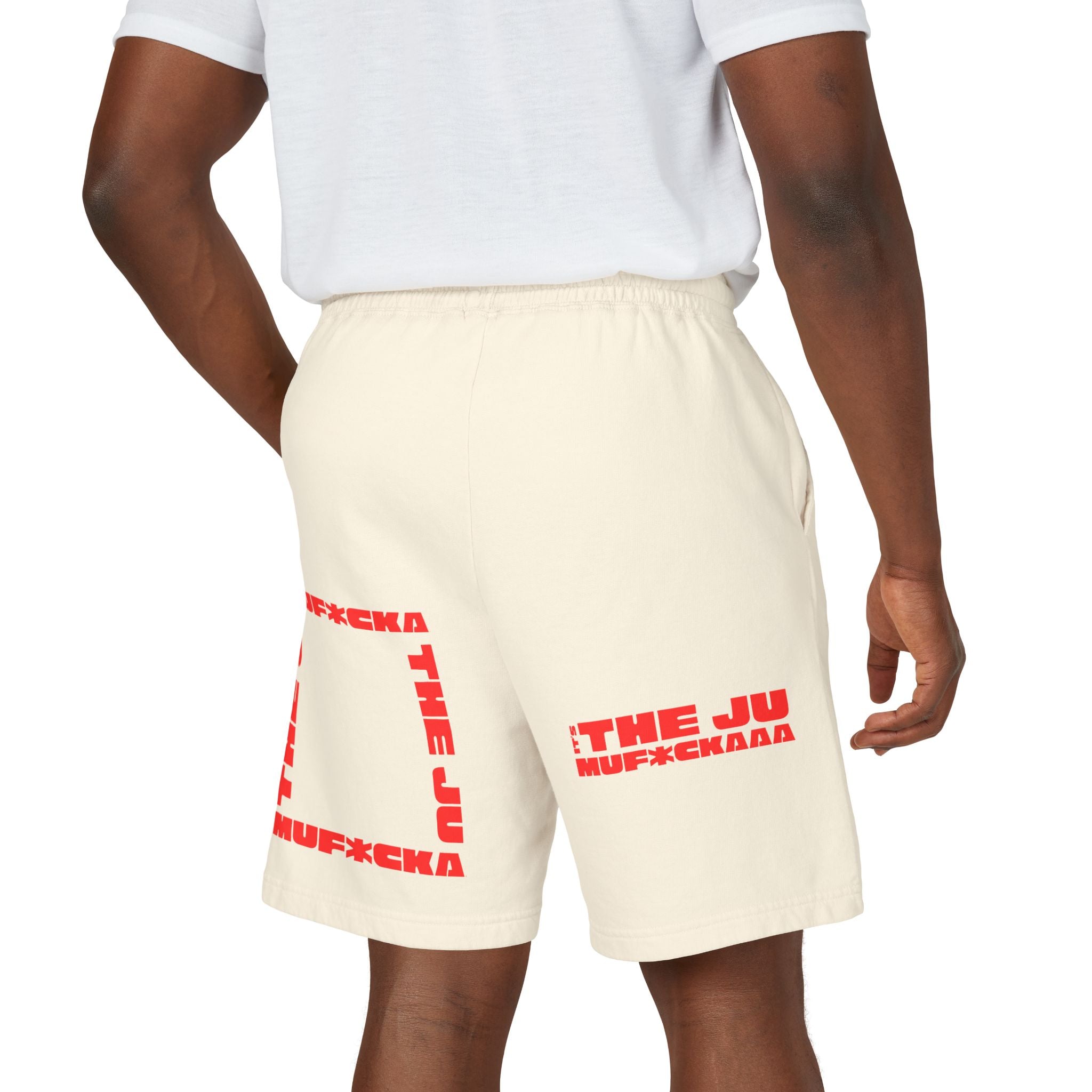 Graphic Fleece Sweat Shorts — 'THE JU' Bold Red Text Design