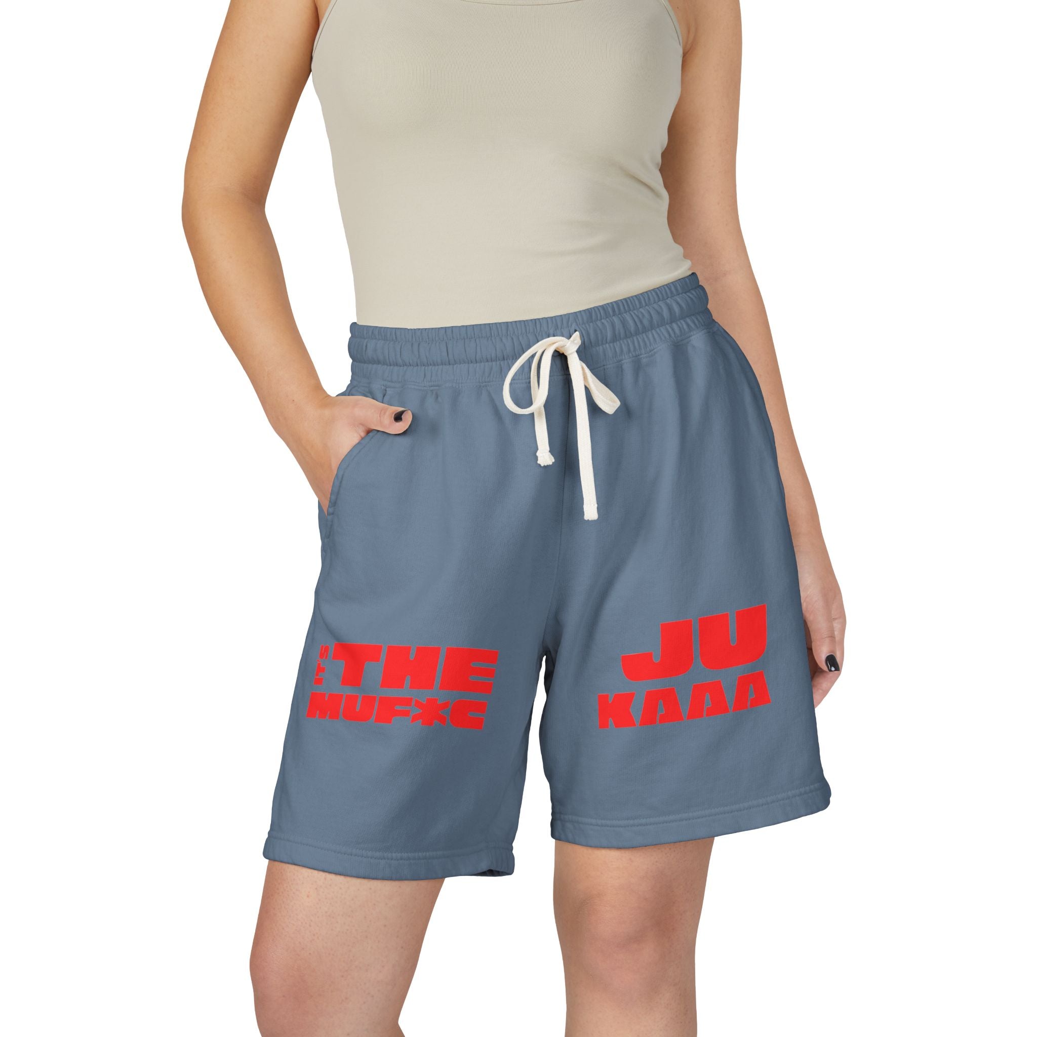 Graphic Fleece Sweat Shorts — 'THE JU' Bold Red Text Design