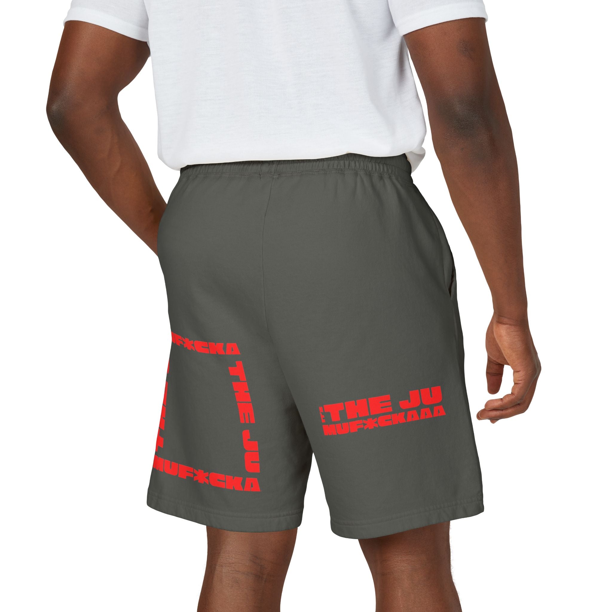Graphic Fleece Sweat Shorts — 'THE JU' Bold Red Text Design