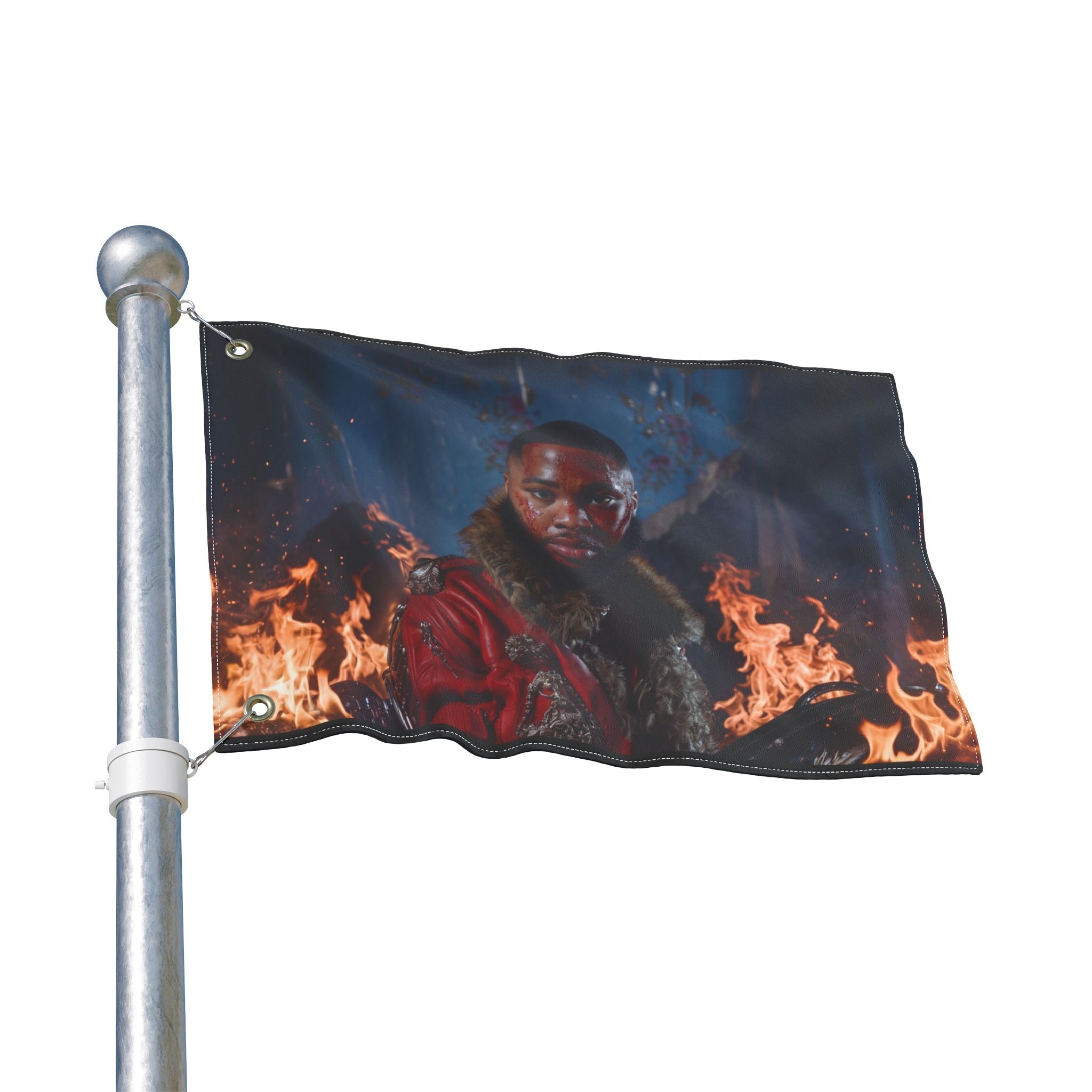 Double-Sided Game Flag — Fiery Logo & Character Portrait