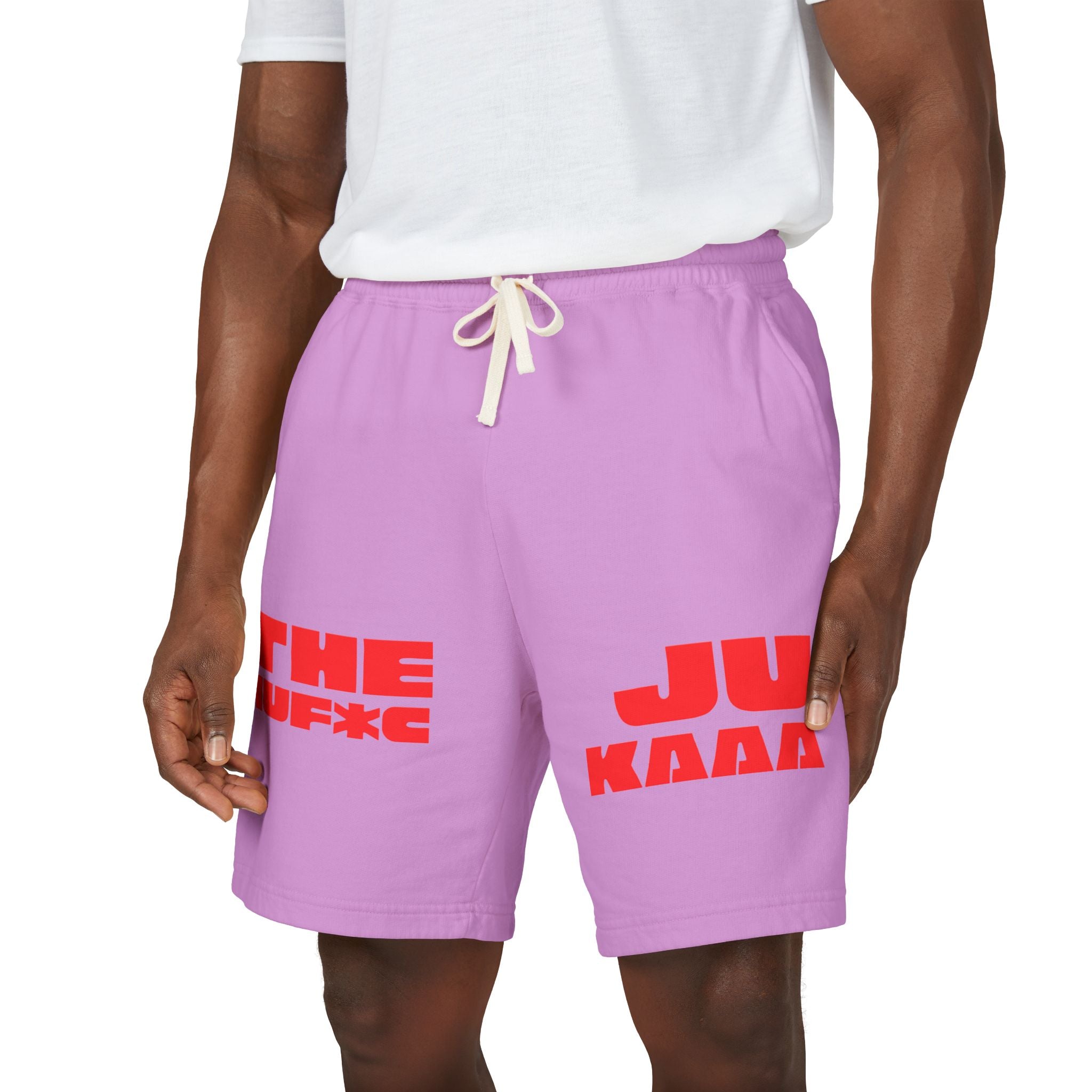 Graphic Fleece Sweat Shorts — 'THE JU' Bold Red Text Design