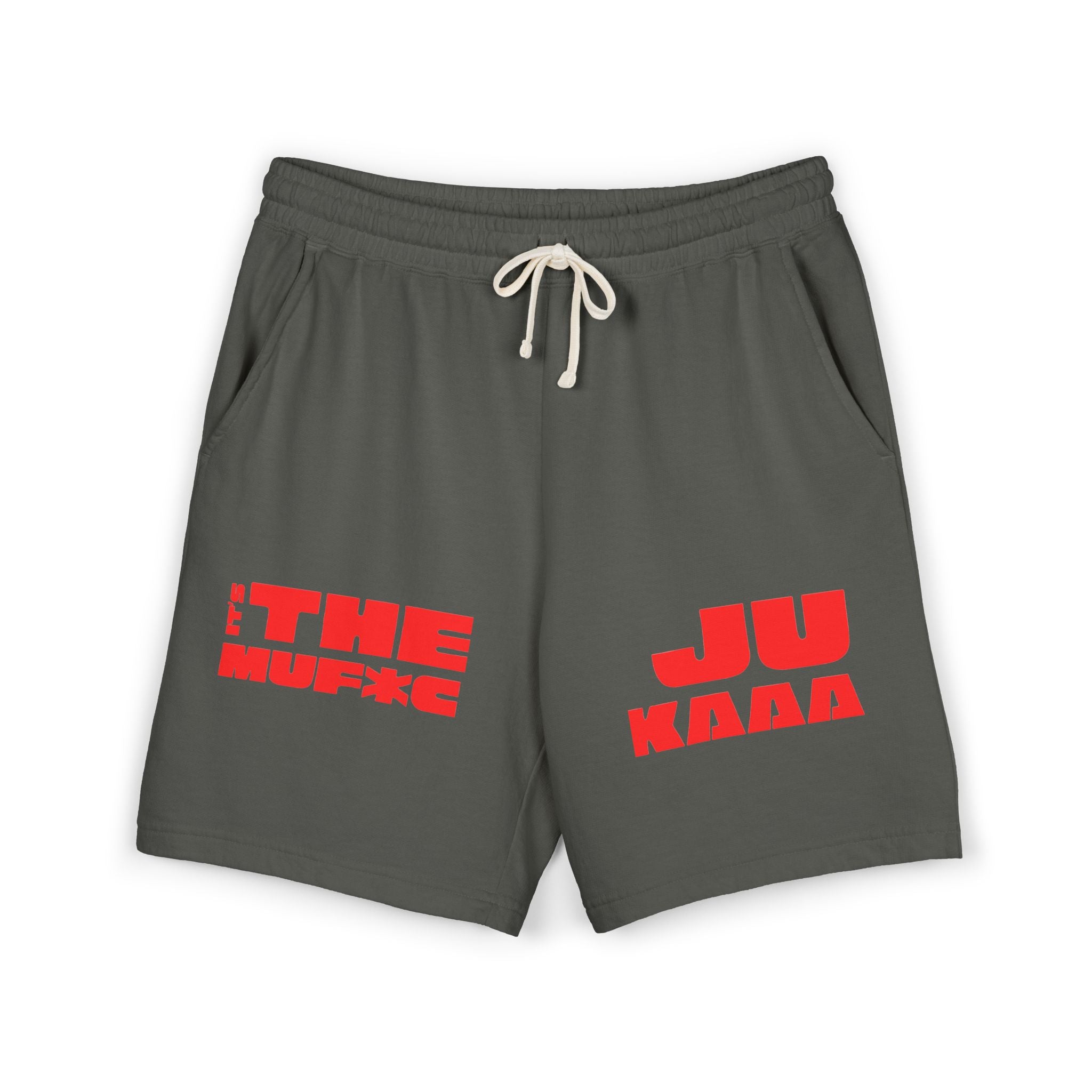 Graphic Fleece Sweat Shorts — 'THE JU' Bold Red Text Design